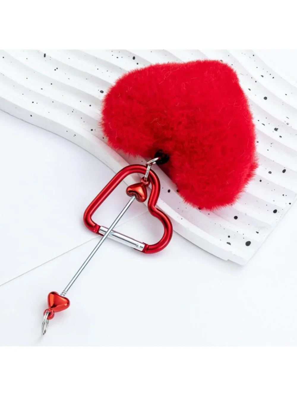 Fluffy Faux Fur Heart Pom Pom Keychain Kit - DIY Beadable Craft with Snap Hook